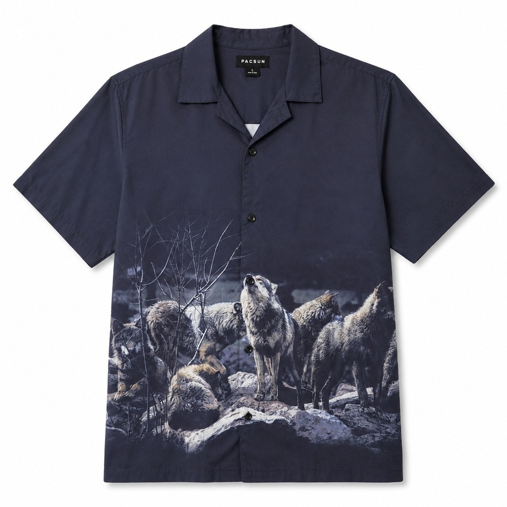 PacSun Wolf Graphic Button Down Shirt Mens Large Navy Blue Excellent Streetwear‎